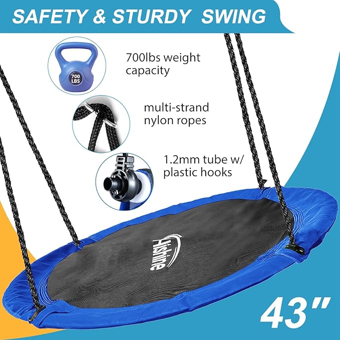 43 inch Saucer Tree Swing for Kids,Durable Textilene Round Swing Heavy Duty, Waterproof and All-Weather Resistant,Swivel,Adjustable Strong Ropes,Easy to Install,Outdoor Playground Backyard