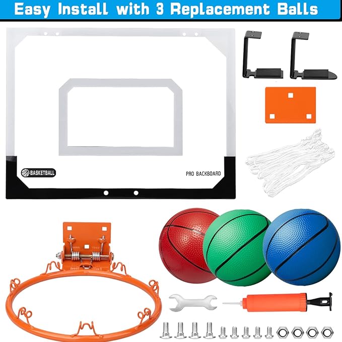 Mini Basketball Hoop Set for Kids Adults, Indoor Play Wall Mount Basketball Hoop for Door with 4 Small Replacement Toddler Basketballs, ABS Backboard Metal Rim Goal Sport Gifts for Pool Game Fun