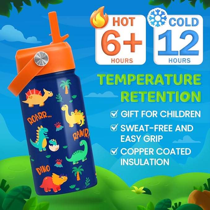 Dinosaur Water Bottle for Boys - Kids Water Bottle with Straw Lid - 12 Oz Insulated Stainless Steel Water Bottles for Kid - Travel Cup for School Sports