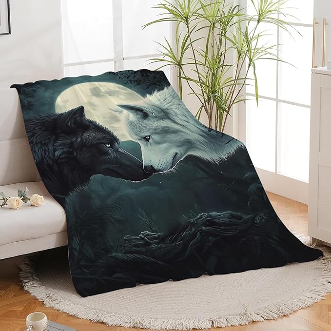 Wolf Blanket Black White Wolf Throw Blanket Wolf Gifts for Men Women Boys Girls Kids Adults Super Soft Cozy Plush Fluffy Fuzzy Fleece Blanket Home Decor 60''X80''