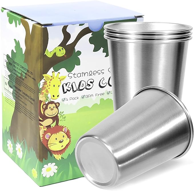 LOZACHE Stainless Steel Cups for Kids, 4 Pack 12oz Premium Metal Drinking Glasses Stackable Durable Pint Tumbler, Unbreakable Sippy Cups for Home & Outdoor Activities, BPA Free