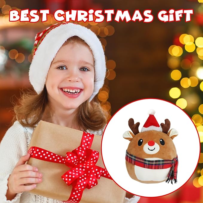 Christmas Plush Reindeer, Stuffed Animal with Christmas Hat, Stuffy Reindeer for Kids