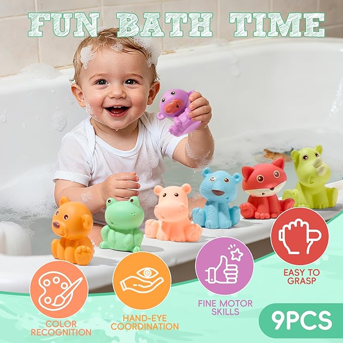 Baby Bath Toys for Babies 6-12 Months, 9 PCS | Sealed, No Hole & Mold Free Bath Toys, Soft & Safe Toddler Bath Toy Set, Bathtub Water Pool Toys