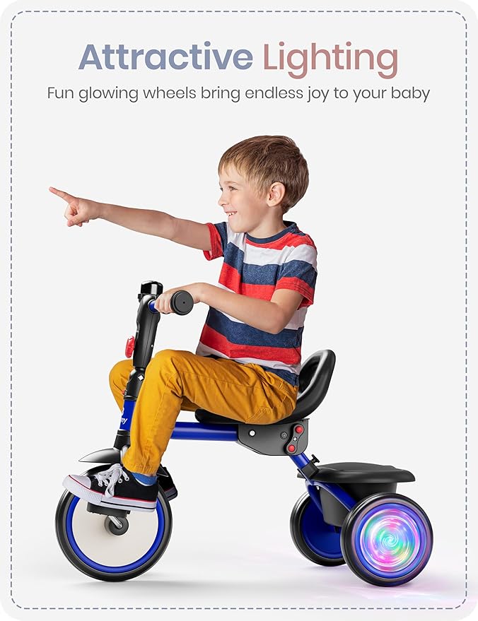 besrey Kids Tricycle with Flash Wheels for Ages 18 Months to 5 Years, Toddler Tricycle with Bell, Kids Tricycle, Gift for 2-5 Year Olds, Gift and Toy for Boys and Girls, Tricycle for Toddlers, Blue