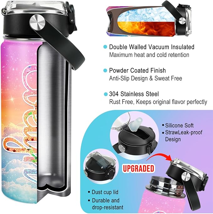 Personalized Kids Water Bottle with Name for School - Custom 18oz Water Bottle with Straw Lid Stainless Steel w/Engraved Names - Personalized Back to School Gifts for Boys Girls kids (UV)