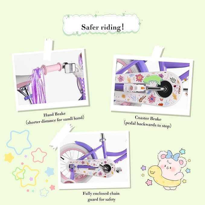 RULLY Daisy Kids Bike for Girls Ages 2-9 Years, 12 14 16 18 Inch Princess Girls Bicycle with Doll Bike Seat, Training Wheels, Basket and Streamers, Kids Cycle Bikes, Multiple Colors