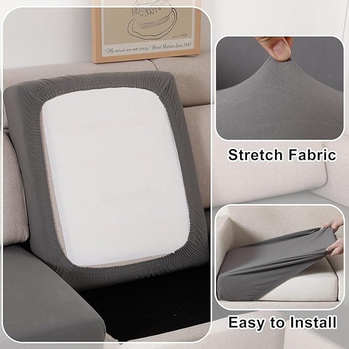 100% Waterproof Couch Cushion Covers L Shaped Chaise Cover, Stretch Seat Covers for Sectional Sofa, Reversible Couch Sofa Protector Covers for Kids Pets, Washable(Chaise Cover, Grey)