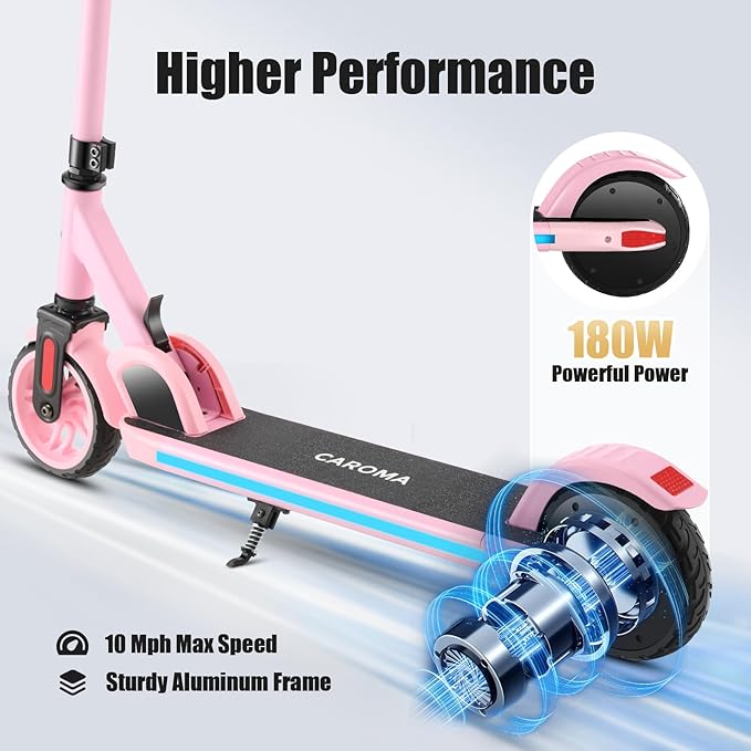 Caroma Electric Scooter for Kids Ages 6-14, 180W/150W Motor & 10 Mph, 85 Mins Ride Time, Adjustable Height & Speed, LED Display & Colorful Lights, Kids Electric Scooter, Best Gifts for Girls and Boy