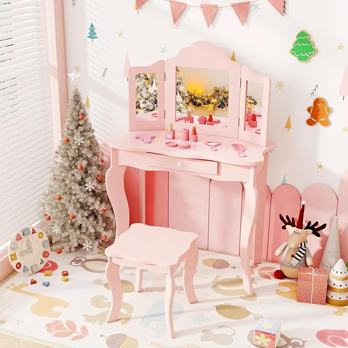 AKUSTIK Kids Vanity, 2 in 1 Wooden Dressing Table and Chair Set with Tri-Folding Mirror, Stool, Storage Drawer, Toddlers Pretend Princess Beauty Playset Toy for Girls