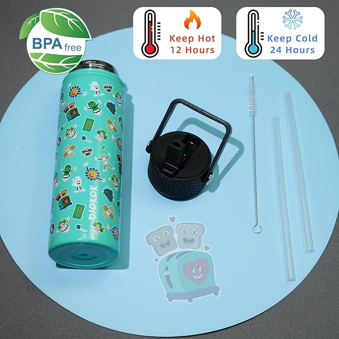 BJPKPK Insulated Water Bottle with Straw Lid, 22 oz Stainless Steel Metal Water Bottles, Reusable Leak Proof BPA Free Water Bottles, Cups, Thermo, Spring Party-Green