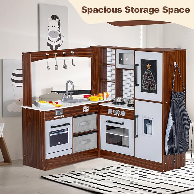 Corner Play Kitchen for Kids, Wooden Toddler Kitchen Playset w/Faucet, Sink, Microwave, Oven, Apron, Blackboard, Storage Cabinets, Pretend Cooking Toys w/Sound & Light Gift for Ages 3+