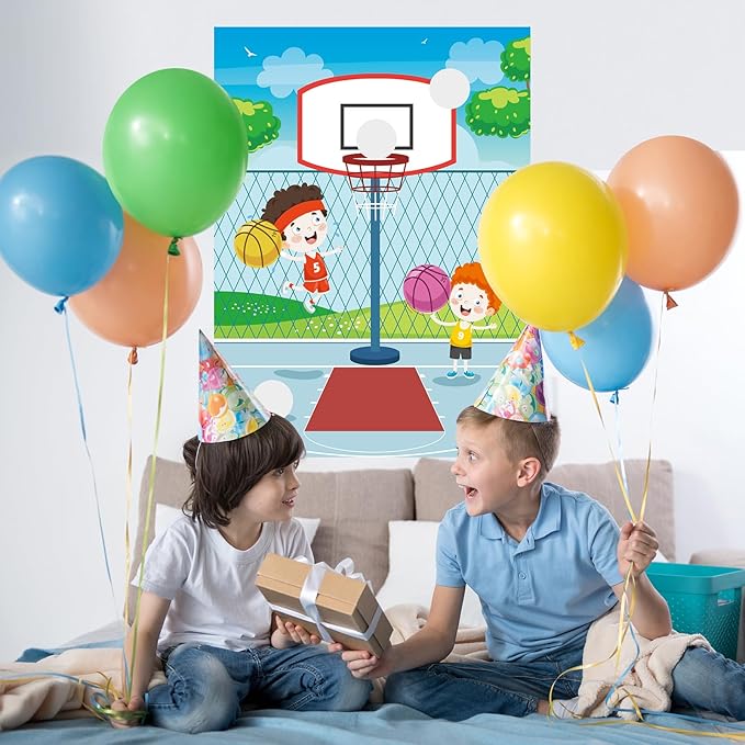 PLULON Basketball Party Game Pin The Basketball On The Hoop Birthday Party Game for Kids Large Basketball Poster with Basketball Stickers for Boy Girl Classroom Activities Birthday Party Decorations