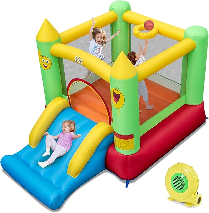 BOUNTECH Inflatable Bounce House, Bouncy House Castle for Kids Indoor Outdoor with Heavy Duty Jumping Area, Slide, 480W Blower, Mini Bounce House for Toddler Boys Girls Birthday Backyard Party Gifts