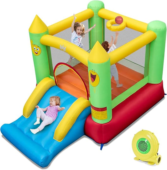 BOUNTECH Inflatable Bounce House, Bouncy House Castle for Kids Indoor Outdoor with Heavy Duty Jumping Area, Slide, 480W Blower, Mini Bounce House for Toddler Boys Girls Birthday Backyard Party Gifts