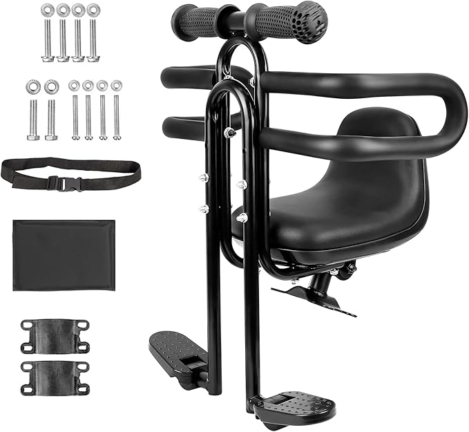 Child Bike Seat - Front Mount, Kids Bike Seat for Adult Bike,Retractable Baby Bike Seat Front Mounted, Toddler Bike Seat for Children 8 Months~4+ Years Old, Brown/Black