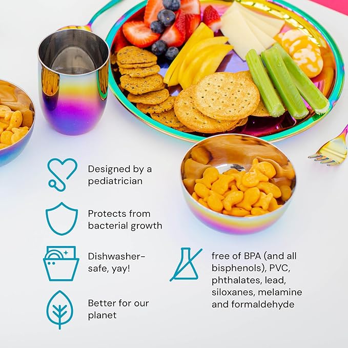 Ahimsa Stainless Steel Kids Plates, 9" Colorful Stainless Steel Plate, Pediatrician Designed & Non Toxic, Unbreakable, Dishwasher Safe, Rainbow