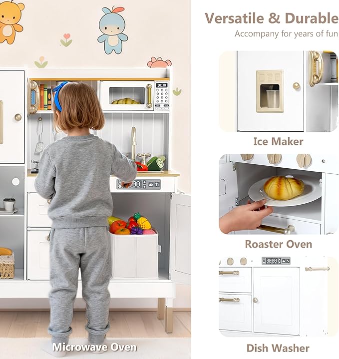 Kinder King Wooden Kids Play Kitchen, Kitchen Playset for Toddler Kid, Play Kitchen Toy Set w/Real Sounds, Pretend Microwave Oven, Ice Maker, Telephone, Gift for Boys Girls Age 3+, White