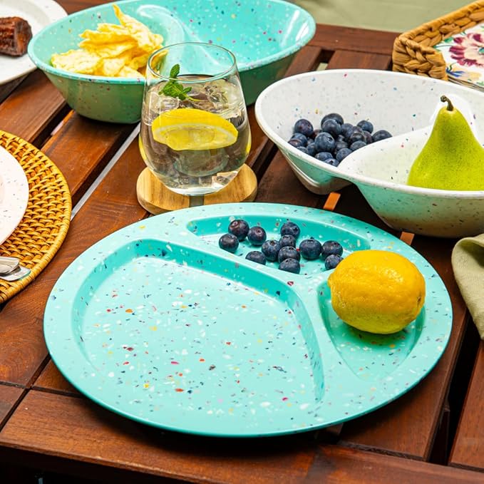 bzyoo 11-Inch Divided Green Set of 2 - Confetti Green BPA-Free, 100% Melamine Portion Control Plates Unbreakable, Dishwasher Safe Plates with Dividers for Weight Loss, Camping, BBQ Parties Fun