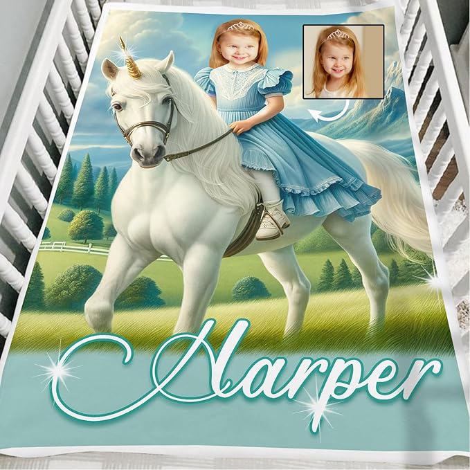 Zocoshi Personalized Princess Blanket - Kids Unicorn Design with Custom Face Photo, Monogrammed Gift for Baby Girl, Cozy Keepsake, Perfect Birthday Present