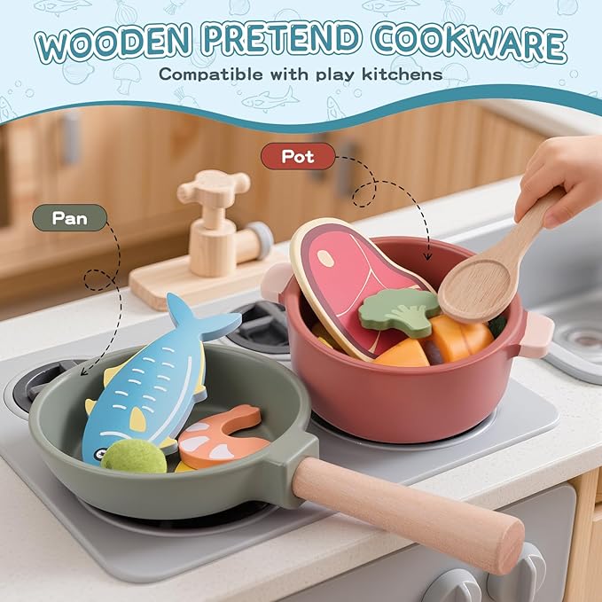 Wooden Play Kitchen Accessories - Pretend Play Food for Toddlers with Dishes Pots & Pans for 3 Year Old, Cutting Fruits Vegetables Toys Birthday Xmas Stocking Stuffers Gifts for Boys Girls 4 5 6