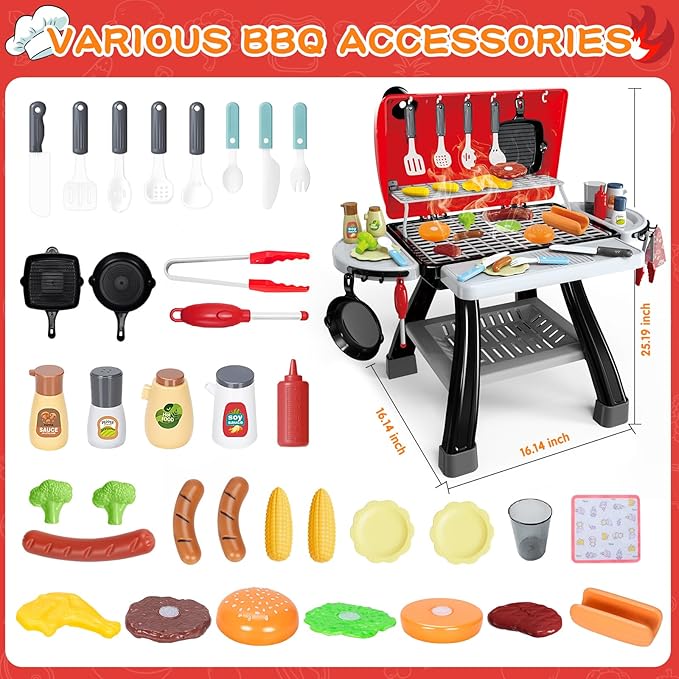 Kids Play Kitchen Toys, Kids BBQ Grill Kitchen Playset with Smoke, Sound & Light, Play Food Toys Cooking Set, 2-Layer Barbecue Outdoor Play Grill Toy Gift for Toddler Boys Girls 3-5
