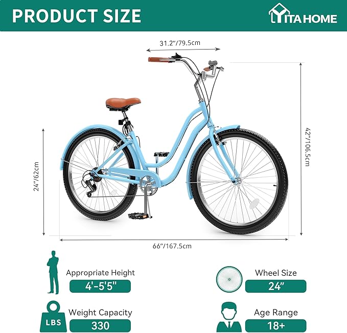 YITAHOME 24 & 26 Inch Beach Cruiser Bike, 7 Speed & Single Speed Commute Bike, Step-Through Bicycle for Adult Women & Men, Steel Frame Cruiser Bike with Full Front & Rear Fenders