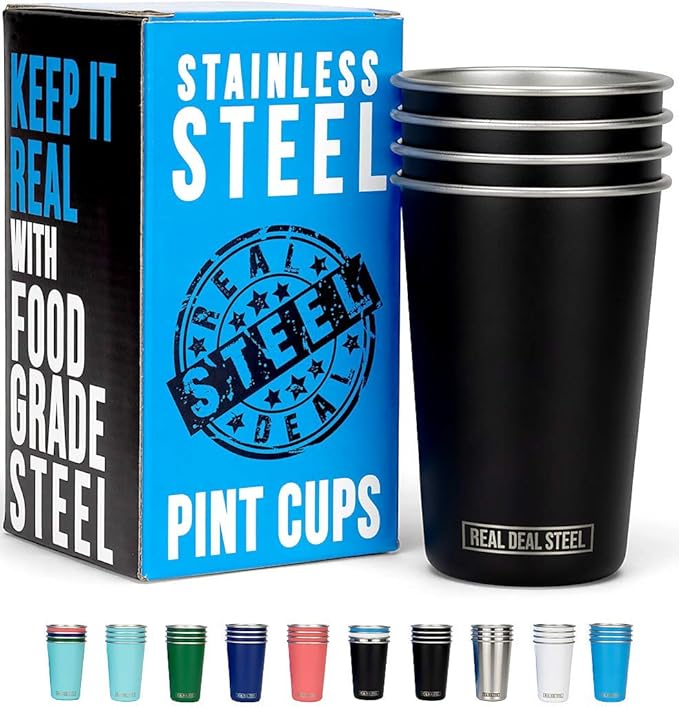 Stainless Steel 16 oz Pint Cups Stackable Single Wall Tumblers, Eco Friendly Premium Metal Drinking Glasses (Black)