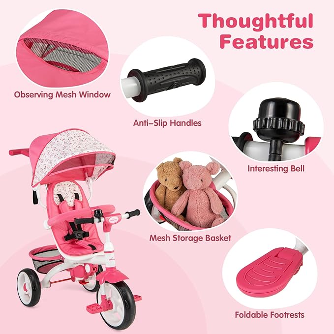 Costzon Tricycle for Toddlers, 6 in 1 Trike w/Parent Handle, Adjustable Canopy, Storage, Safety Harness & Wheel Brakes, Baby Push Tricycle Stroller for Kids Boys Girls Aged 9 Month-5 Years Old, Pink