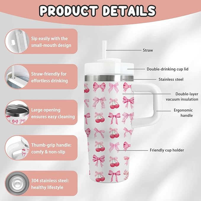 Bow Gifts for Girls - 14oz Pink Kids Bowknot Themed Tumbler with Handle and Straw, Stainless Steel Insulated Water Cup, for Sport, School, Travel - Cute Pink Bow Themed Children Birthday Gift Cup(1pc)