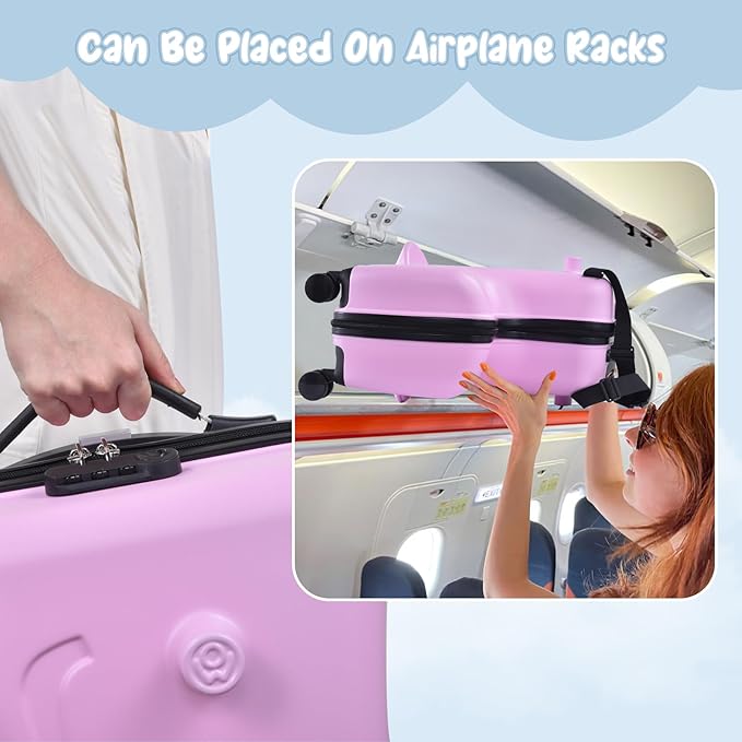 20 Inch Ride On Kids Suitcase with Wheels, Ride on Luggage with Pedal, Hardshell Kids Suitcase Adjustable Safe Harness, ABS+PC, Up To 100 Lbs, Pink