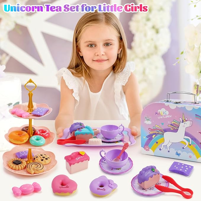 Motiloo 44Pcs Unicorn Tea Party Set for Little Girls - Kid Plastic Tea Party Set Princess Tea Time Pretend Play Tea Set Toys with Carrying Case