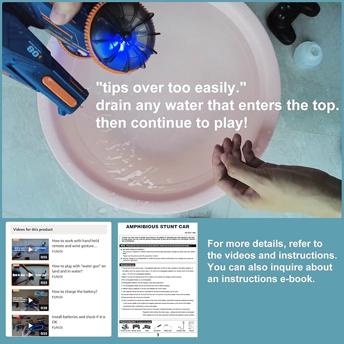 Amphibious Remote Control Car - Stunt Toy for Kids Ages 6-8-12, Water & Land 4WD with Gesture Sensing, Lights, Waterproof, Rotation, Beach & Pool Fun, Idea for Boys