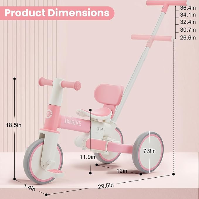 5-in-1 Tricycle for Toddlers 18 Months to 5 Years Old, Toddler Bike, Kids Tricycle with Push Handle and Backrest, Toddler Balance Bike with Easy Assembly for Boys and Girls.(Pink)