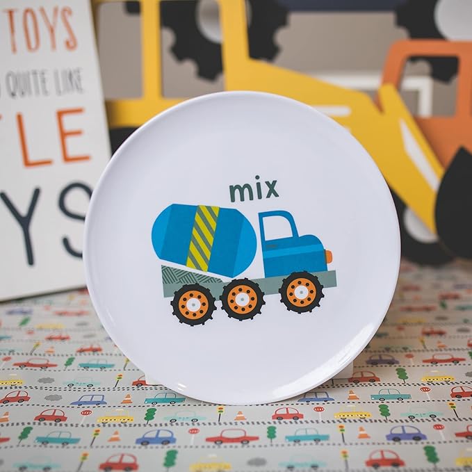 Tiny Expressions - Construction Plates for Toddlers - Set of 4 Melamine Plates for Kids - Excavator, Cement Mixer, Bulldozer, and Dump Truck - Fun Plastic Dinnerware for Kids