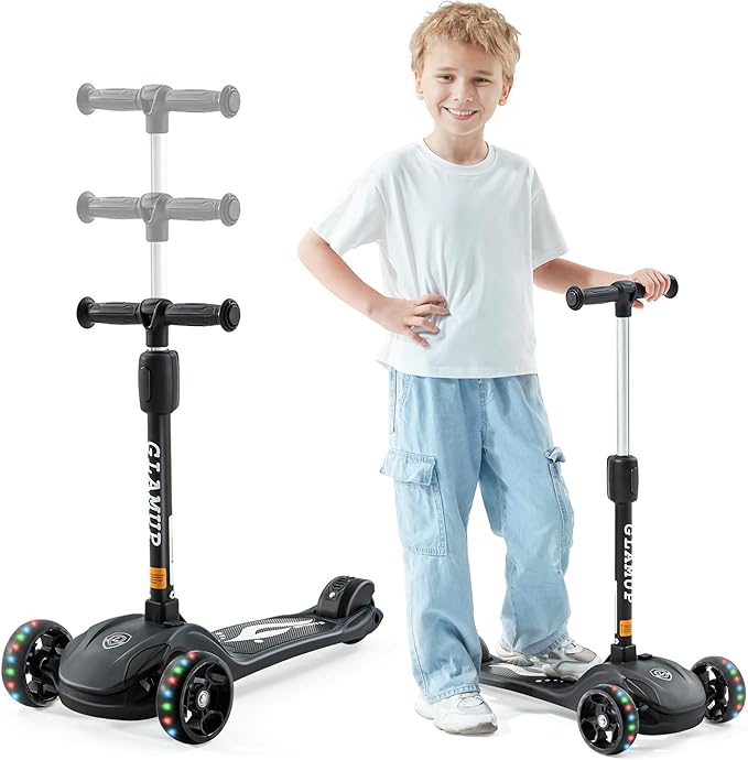 GLAMUP Kids Kick Scooter 3 Wheels, Kids Scooter Height Adjustable Handlebar, Lean-to-Steer System & Easy-Folding Mechanism, Ages 3-14 Boys and Girls