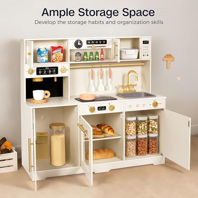 Wooden Play Kitchen for Toddler, Toy Kitchen Set for Kids Pretend Play with 41 Pcs Toy Food & Cookware Accessories, Kitchen Playset Gift for Boys and Girls Ages 3+