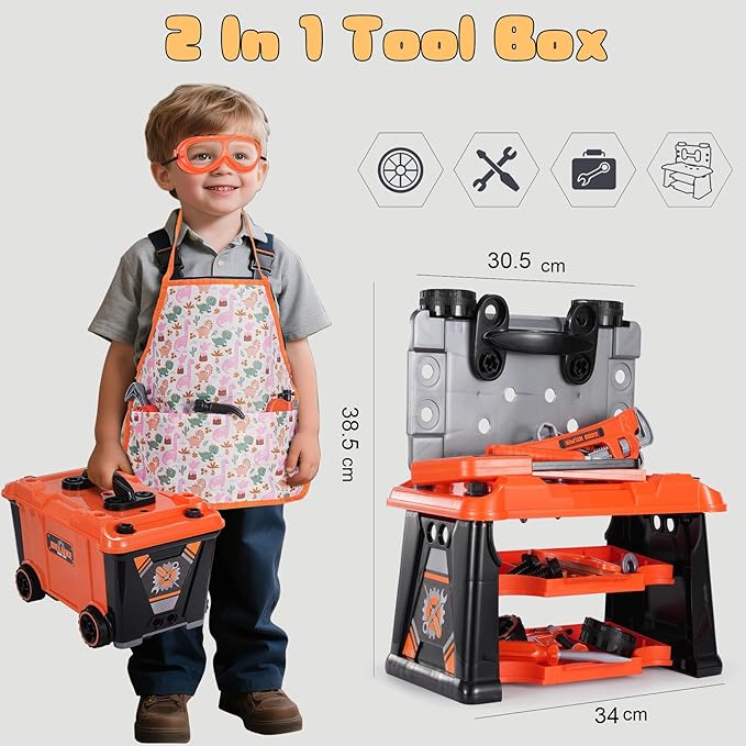 REXBETI Kids Tool Set with Tool Box and Electronic Toy Drill, Pretend Play Kids Construction Kits, Toddler Tool Set, Birthday Gifts for Kids Ages 3-8 Years Old