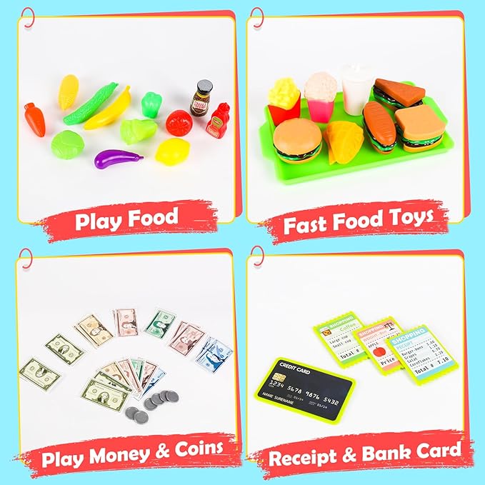 70Pcs Toy Cash Register for Kids Ages 4-8 with Scanner & Shopping Cart, Pretend Play Cash Register Playset for Girls Boys Toddler Grocery Store Set Christmas Girls for 3+ 4 5 6 7 8 Year Old