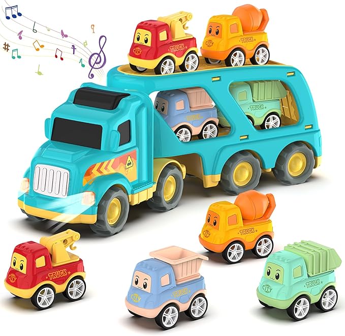 Veslier Toy Trucks for 2 3 4 5Years Old,Construction Transpor Trucks for Toddlers 2-4 Years with 4 Pull Back Cars for Toddlers 2-4,Christmas Birthday Gift for 18M+ 2 3 4 5 Years Old Kids Boys Girls.