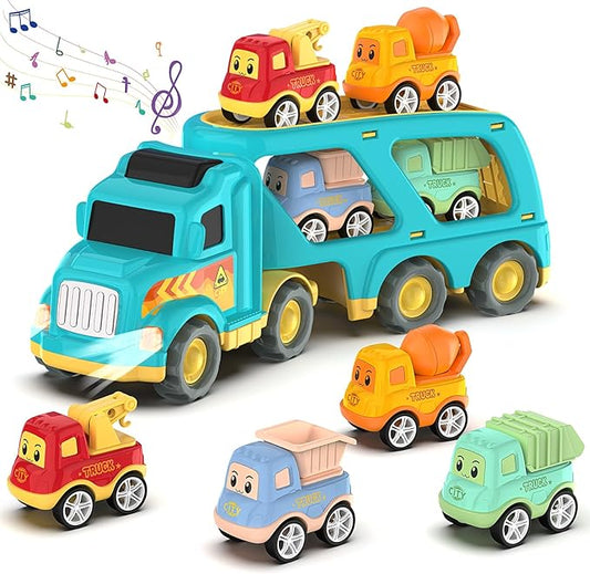 Veslier Toy Trucks for 2 3 4 5Years Old,Construction Transpor Trucks for Toddlers 2-4 Years with 4 Pull Back Cars for Toddlers 2-4,Christmas Birthday Gift for 18M+ 2 3 4 5 Years Old Kids Boys Girls.