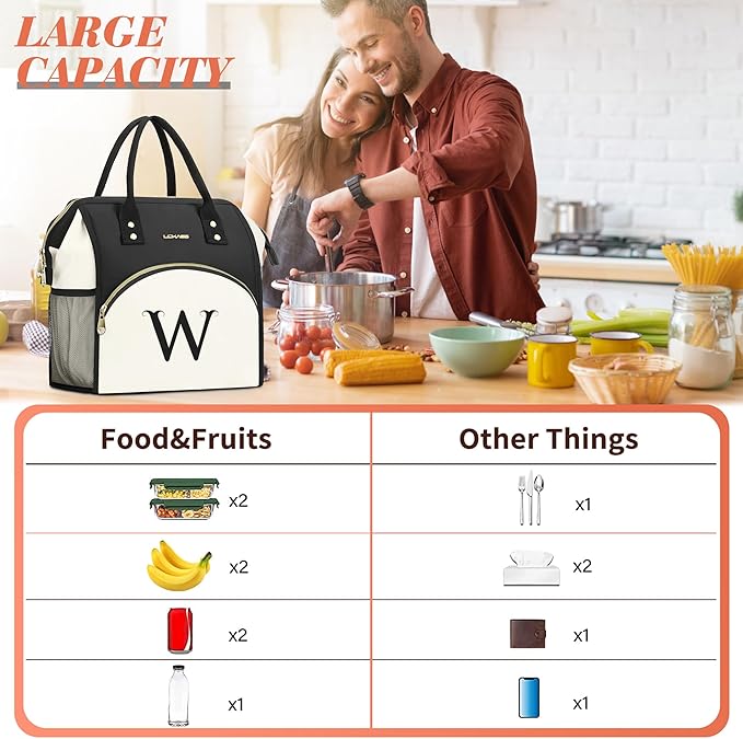 Personalized Lunch Box for Women, Initial Reusable Insulated Lunch Bag, Wide-Open Adult Lunchbox Cooler Lunchbag, Leakproof Lunch Tote for Picnic Work Outdoors, Christmas Gift for Women, A