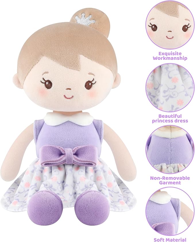 GAGAKU Soft Plush Baby Doll for Girls (12") - My First Baby Doll Gift for Girls, Toddlers & Infants, Machine Washable Rag Doll Toy - Purple Skirt Girl