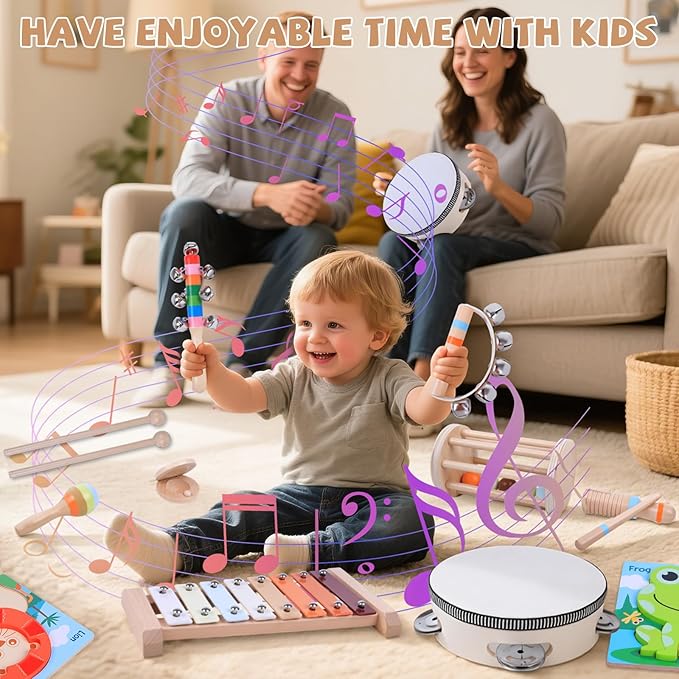 15 PCS Toddler Musical Instruments Montessori Toys for 3+ Year Old Boy Girl Birthday Gifts, Wooden Musical Instruments for Toddlers 3-6, Early Learning Musical Toys for Christmas& Birthday Boys Girls