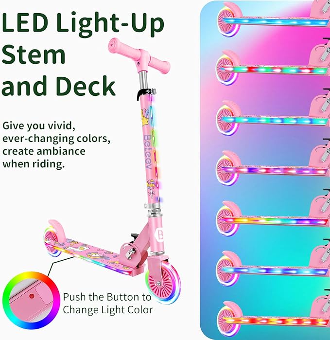 BELEEV V2 Scooters for Kids with Light-Up Wheels & Stem & Deck, 2 Wheel Folding Scooter for Girls Boys, 3 Adjustable Height, Non-Slip Pattern Deck, Lightweight Kick Scooter for Children Ages 3-12