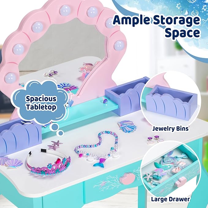 Kids Vanity with Lights, Wooden Princess Vanity for Girls, 2 in 1 Ocean Theme Toddler Dressing Table and Chair Set, Little Girl Makeup Vanity with Mirror for Children Birthday