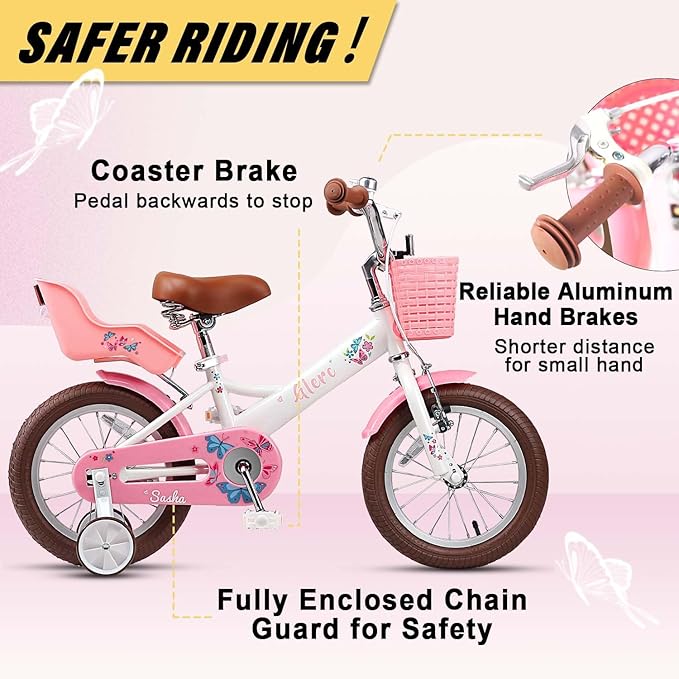 Glerc Sasha Girls Bike, 12-20 Inch Kids Bike for Ages 2-13 Years Old Children, Retro Vintage Style Kids Bicycle with Doll Bike Seat, Basket and Training Wheels, Multiple Colors