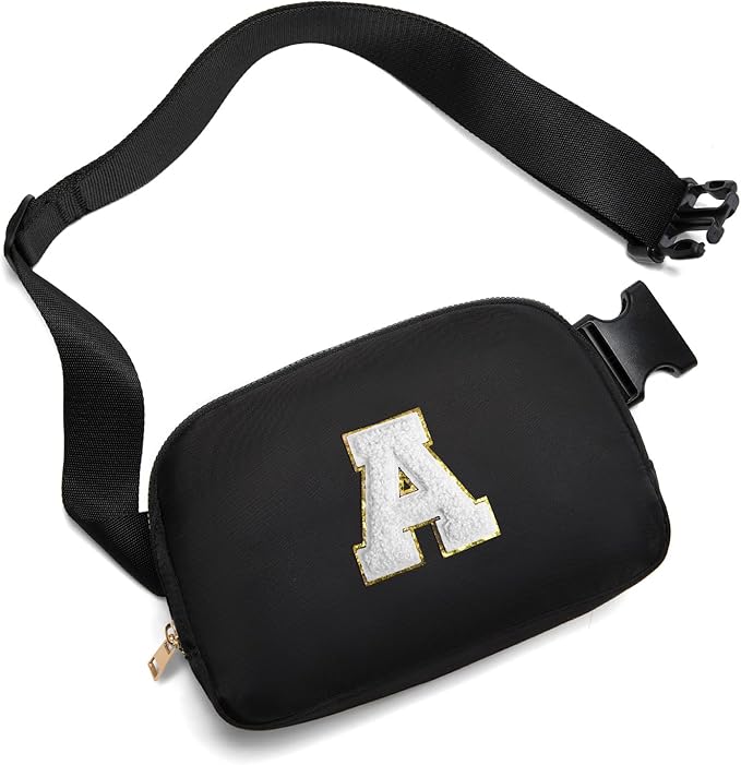 Gitus Birthday Gifts for 8 9 10 11 12 13 Year Old Girls Personalized Fanny Pack Crossbody Bags with Initial Letter Patch Belt Bag for Teen Girls Cute Trendy Stuff Travel Essentials (Black-A)