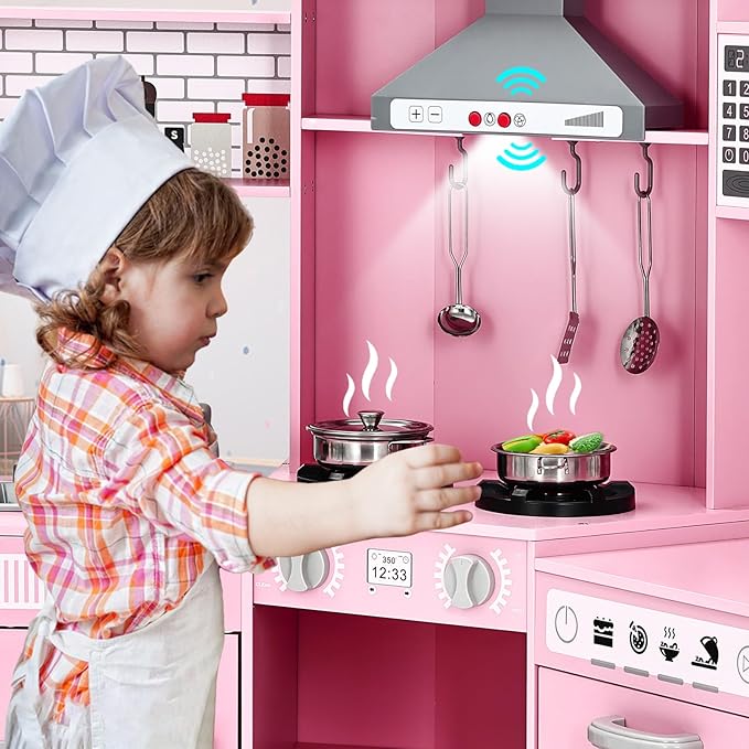 JOYLDIAS Kids Play Kitchen,Corner Wooden Pretend Toddler Kitchen Toys Playset with Realistic Lights & Sounds,Microwave Oven,Water Dispenser, Phone, Sink,Cooking Accessories, for Ages 3+, Pink