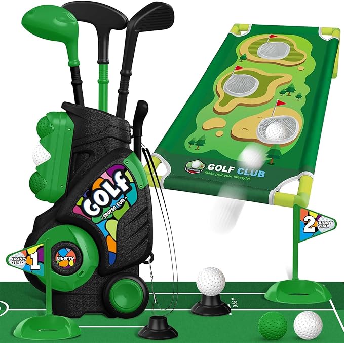 Liberry Toddler Golf Set for Age 2 3 4 5 Boys Girls, Upgraded Kids Golf Cart with Putting Mat & Cornhole Board, Outdoor Indoor Sports Toys for Birthday, Black