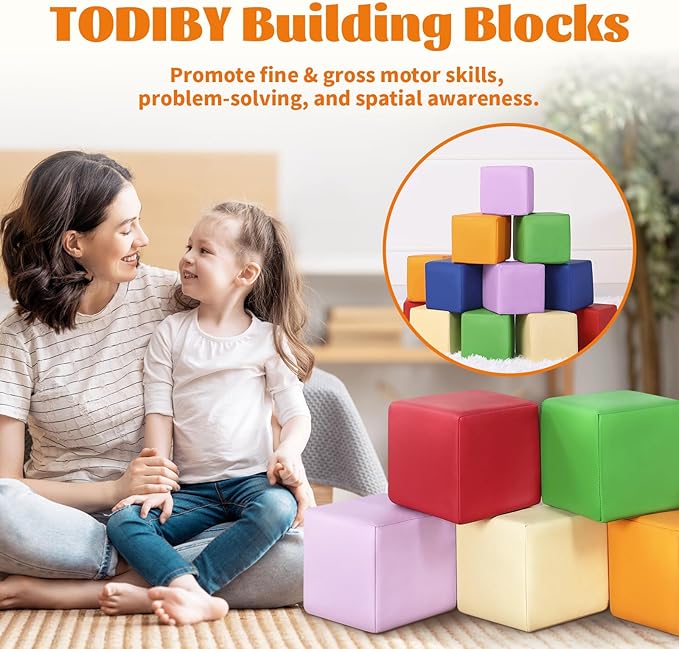 Foam Building Blocks for Toddlers：12-Pieces Wipeable Leather Stacking Cubes Kids - Large Soft Toys Play Set for Learning Construction Baby Preschool Daycare Therapy Birthday Gift (Rainbow)